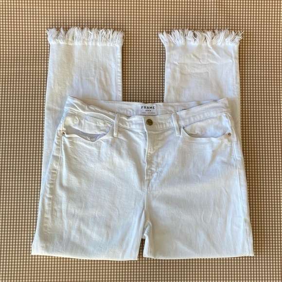 FRAME Le High Straight Blanc white jeans raw hem. Size 32 - Picture 8 of 16